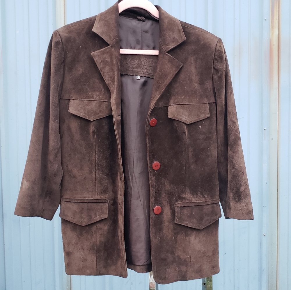 Brown Suede Leather 3/4 Sleeve Blazer Coat Size S